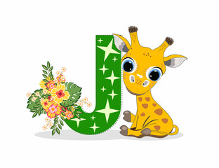 Cute Cartoon little giraffe with letter J. Perfect for greeting cards, party invitations, posters, stickers, pin, scrapbooking, icons.