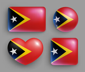Set of glossy buttons with East Timor country flag. Southeast Asia country national flag, shiny geometric shape badges. East Timor symbols in patriotic colors realistic vector illustration