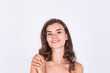 © Анастасия Каргаполов - Young beautiful natural soft clean skin woman with freckles light makeup on white background with bare shoulders