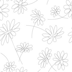 Naklejka na meble Seamless pattern in line art style, with linear daisies Minimalistic texture with simple flowers. Abstract background, minimalist wallpaper, floral print for fabric, hand drawn chamomile pattern.