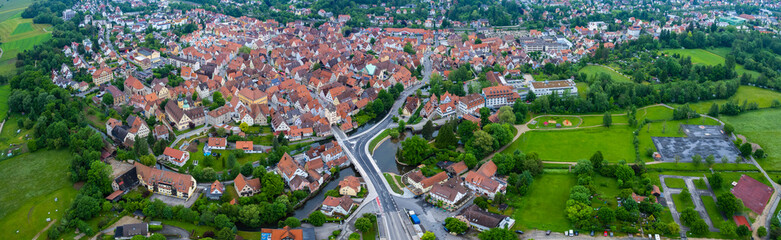 Aerial vie of the old town of the city Hersbruck in Germany on a cloudy day in spring