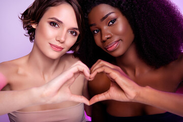 Portrait of two pretty charming girlfriends hands fingers make heart symbol perfection isolated on neon light background