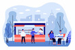 Happy man buying and putting food on tray at street food stall. Couple eating hamburgers at table outdoors flat vector illustration. Street food concept for banner, website design or landing web page