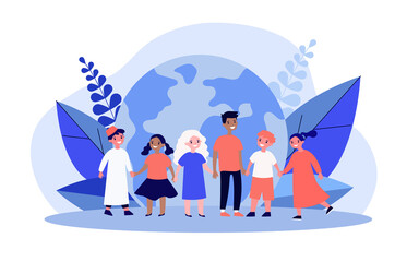 Wall Mural - Children of different nationalities in front of globe. Multicultural kids holding hands flat vector illustration. International communication, friendship concept for website design or landing web page