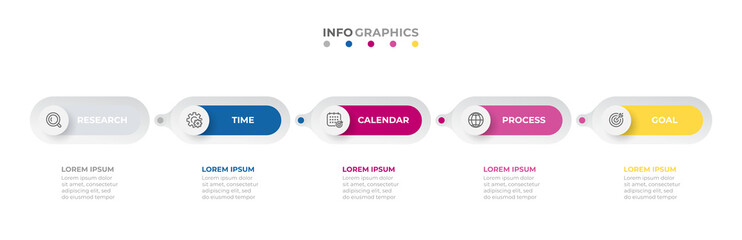 Business infographic template label design with circles. Timeline process with 5 options or steps. Vector illustration.