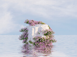 Poster - Natural beauty podium backdrop for product display with stone and wild flower on the water. 3d seascape background.