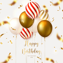 3D Realistic Elegant Golden Red Striped Ballon And Party Popper Ribbon Happy Birthday Celebration Card Banner Template