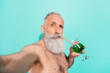 Sticker - Self-portrait of funky elderly retired pensioner cheery grey-haired man drinking mojito chill isolated over bright teal turquoise color background