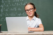 © LIGHTFIELD STUDIOS - schoolgirl in eyeglasses smiling at camera near laptop and chalkboard on blurred background