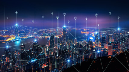 Smart connection network system, smart city network concept, 5G wireless connection.