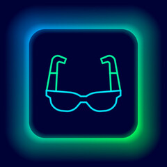 Sticker - Glowing neon line Sport cycling sunglasses icon isolated on black background. Sport glasses icon. Colorful outline concept. Vector