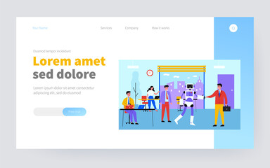 Poster - New robotic employee. Humanoid robot shaking hands with businessman in office flat vector illustration. Technology, innovation, robotics concept for banner, website design or landing web page