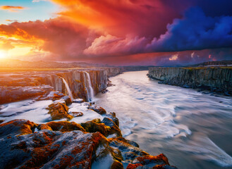 Canvas Print - Mighty stream of breathtaking Selfoss cascade. Location place Vatnajokull National Park, Iceland.