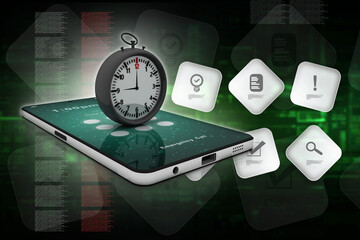 Poster - 3d rendering stop watch on mobile phone