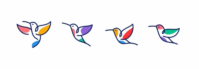 vector line art of abstract colorful hummingbird, colibri wall art design, minimal bird line logo icon illustration isolated on white background