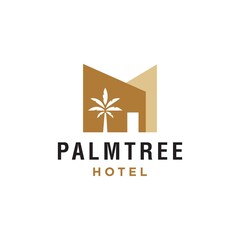 Wall Mural - gold house with palm tree logo vector, tropical beach home or hotel icon design illustration