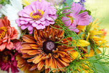 Closeup Of A Flower Arrangement Featuring A Sahara Rudbeckia Flower. Bright Colors Featuring A Variety Of Flowers.