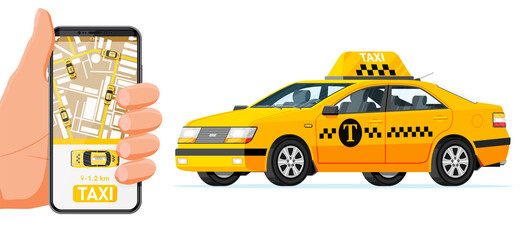 Canvas Print - Hand Holding Smartphone with Taxi Application on Screen. Taxi Car Isolated on White Background. Booking Taxi Online Concept. Taxi app or Service. Yellow Car and Smartphone. Flat Vector Illustration