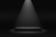 Simple blank luxury black gradient background with product display platform. Empty studio with rectangle podium pedestal on a black backdrop with volumetric light. 3D rendering