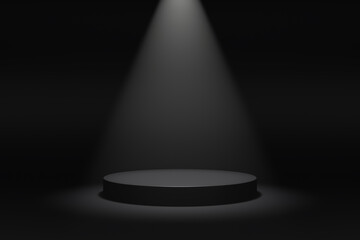 Poster - Simple blank luxury black gradient background with product display platform. Empty studio with circle podium pedestal on a black backdrop with volumetric light. 3D rendering