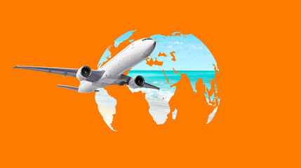 Wall Mural - airplane flying around the world map. travel concept
