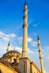 Minaret of the Heart of Chechnya mosque in the capital of Chechnya - Grozny. Islam, religion and architecture.