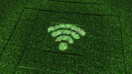 Aufkleber - Flying flickering particles and impulses and a wifi sign or internet symbol on a dark background. Animation. Visualization of a circuit board.