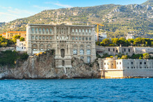 View from the sea of the Monaco Aquarium Oceanographic Museum of marine sciences in Monaco-Ville, Monaco.