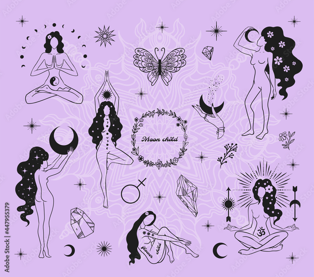 magic girls, moon child, witch with the moon, tarot cards, occult symbol, vector set - obrazy, fototapety, plakaty 