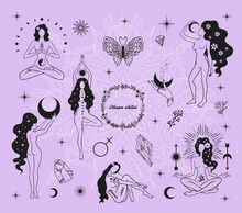 Magic Girls, Moon Child, Witch With The Moon, Tarot Cards, Occult Symbol, Vector Set