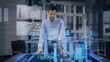 © Iokanan Pro - Professional Architect works with Holographic Augmented Reality 3D City Model using gestures. Technologically Advanced Office use Augmented Virtual Modeling Software Application on Futuristic Display.