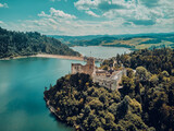 Beautiful aerial panoramic view of Niedzica Castle also known as Dunajec Castle and Lake Czorsztyn (Polish: Jezioro Czorsztynskie) is a man-made reservoir on the Dunajec river, southern Poland