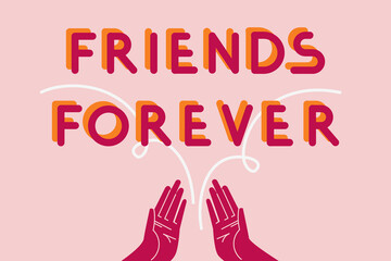 friends forever typography, lettering with two hands high fiving. colorful typography for banner, so