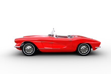 Side View 3D Illustration Of A Retro Convertible Red Roadster Car Isolated On A White Background.