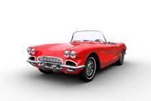3D Illustration Of A Retro Convertible Red Roadster Car Isolated On A White Background.