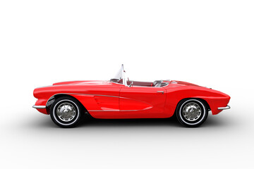Poster - Side view 3D illustration of a retro convertible red roadster car isolated on a white background.