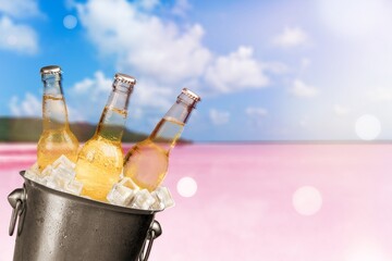 Canvas Print - Bottles of cold and fresh beer with ice in a bucket