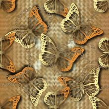 3d Gold Butterflies Seamless Pattern. Vector Ornamental Grunge Background. Repeat Grungy Backdrop. Vintage Golden Flying Butterflies Ornament. Lacy Butterfly And Chains. Luxury Surface Textured Design