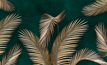 Golden Leaves On A Green Background. Tropical Leaves. Photo Wallpapers. Palm Leaves