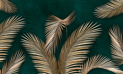 golden leaves on a green background. tropical leaves. photo wallpapers. palm leaves