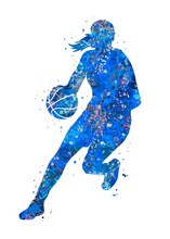 Basketball Player Girl Blue Watercolor Art, Abstract Sport Painting. Blue Sport Art Print, Watercolor Illustration Artistic, Decoration Wall Art.