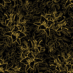 Golden outline of flowers Lily drawn by hand on black background.. Floral sketch vector seamless pattern with contoured flowers for home textile, fabric, wallpaper, bedding.