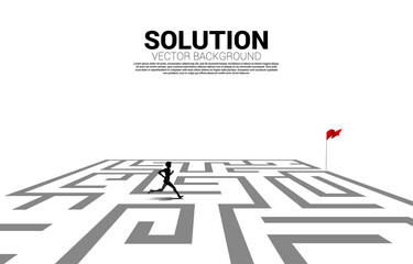 Poster - Silhouette of businessman running in maze to red flag. business concept for finding solution and reach goal