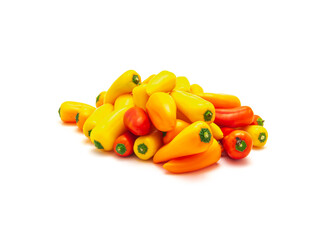 Group of colorful red, yellow and orange mini sweet peppers snack isolate on white