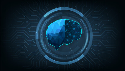 Poster - Artificial intelligence technology concept(AI).Brain outline made from polygon  in robot digital computer interpretation and Machine Learning Concept on digital electric circuit circle background.