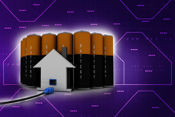 Poster - 3d rendering Network connection, internet communication and computer technology concept, closeup view of curved ethernet cable plug connector connected house near battery
