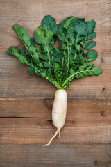 Daikon radish on the wood background