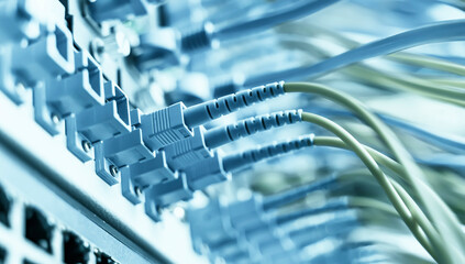 Fiber Optic cables connected to optic ports and UTP, Network cables connected to ethernet ports