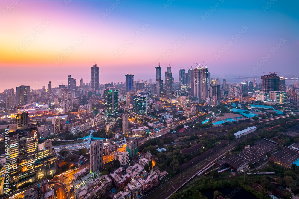Colourful hues of the sky over the cityscape of Mumbai at dusk, as seen ...