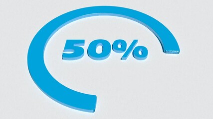 Poster - A blue circle turning around 50% write, in blue, on a white background - 3D rendering video clip animation